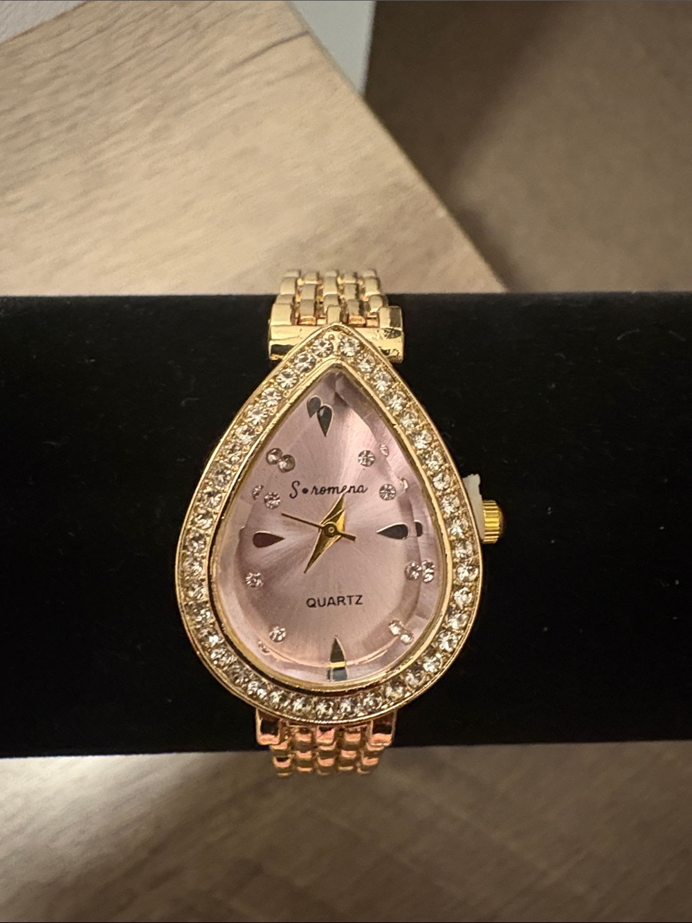 S. Romero Gold-Tone Pink Teardrop Crystal Quartz Watch